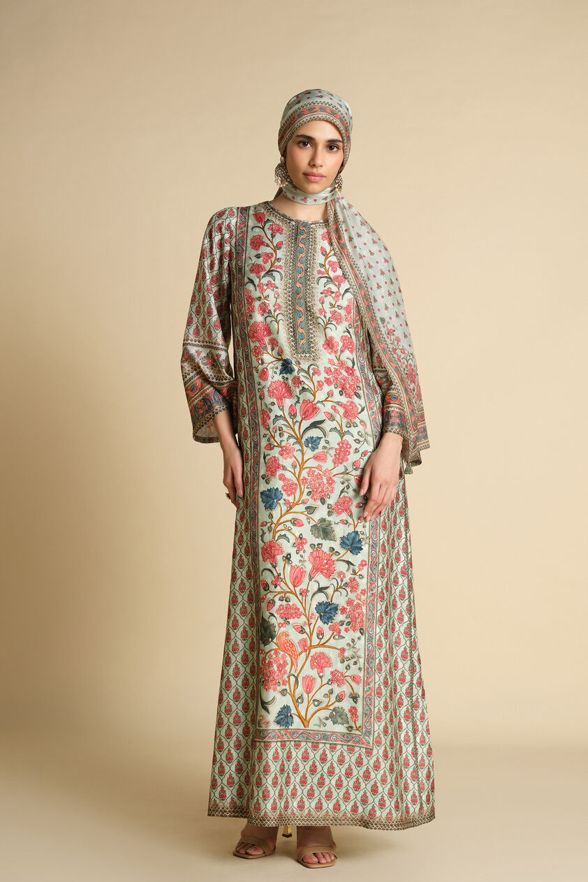Azza Printed Silk Stole - Sage, Sage, image 1